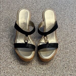 Italian Shoemakers Black and Gold Wedge Sandals